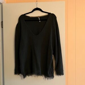 Free People Charcoal Gray V-Neck Distressed Hem Sweater